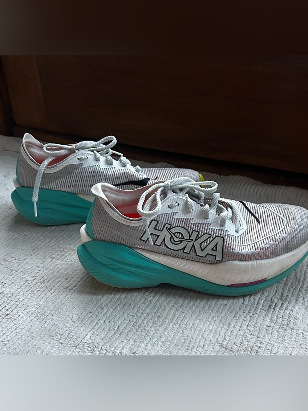 Hoka Mach X 2 Women's Light Gray and Teal Athletic Running Shoes